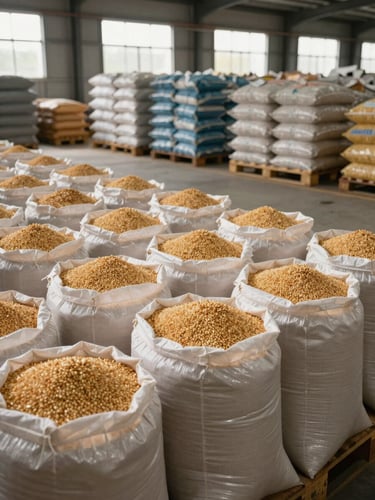 Agricultural goods in bulk—sacks of grain or fertilizer stacked in warehouse, palletized agricultural products, wide shot showing storage density, daylight warehouse environment, natural light through high windows