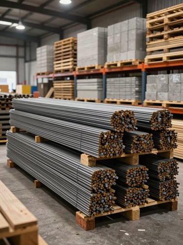 Construction materials stacked in warehouse—bundled steel, timber pallets, concrete products organized on racks, overhead lighting, industrial storage environment, bulk density emphasized