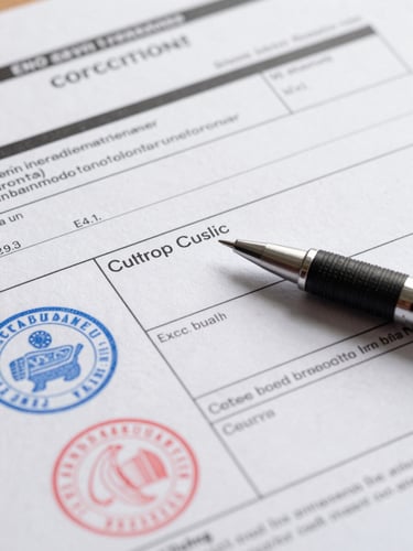 Close-up detail shot of customs documentation stamps and seals on shipping paperwork, pen resting on form, EU regulatory stamps visible, flat daylight, emphasizing procedural precision and compliance rigor