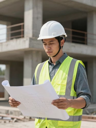 An architect in a white hardhat and safety vest holding a blueprint, standing in front of a raw concrete building structure, realistic natural daylight.