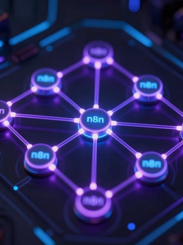 Close-up macro shot of interconnected glowing n8n nodes on a dark interface, with electric purple and neon blue light leaks, showing complex automated workflows, ultra-sharp details, 35mm lens.