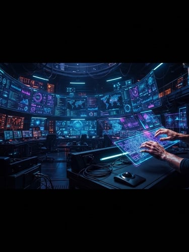 Wide panoramic shot of a dark, high-tech command center with glowing neon blue and purple interfaces, a single developer's hands on a holographic keyboard to the right third, deep shadows, ultra-sharp details, 35mm lens.