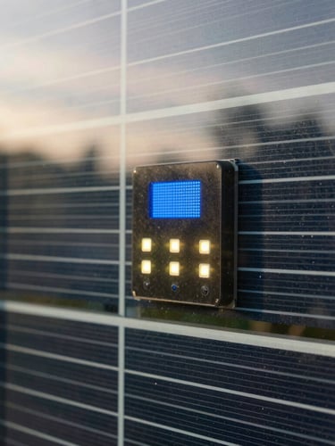 Close-up of modern solar micro-grid hardware with glowing LED indicators, natural daylight reflecting on tempered glass, documentary style 35mm.
