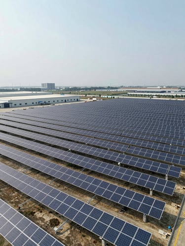Wide aerial view of a completed utility-scale ground-mount solar array at an industrial logistics campus, rows of panels extending to the horizon under flat overcast daylight, facility warehouse visible in the far left background for scale, no glare