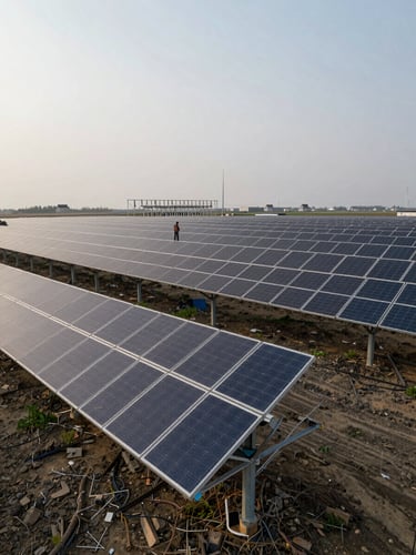 Wide environmental shot of a completed utility-scale solar farm from ground level, row upon row of panels receding toward a distant substation under overcast morning light, a single technician in the far middle ground providing scale, shot with industrial documentary precision