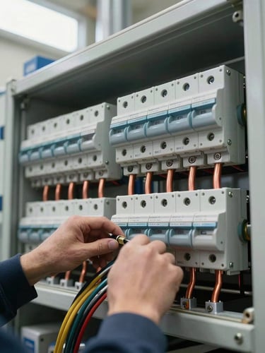 Close-up documentary shot of an MCC cabinet termination in progress inside an industrial facility, heavy copper bus bars and labeled circuit breakers visible, natural overcast daylight from above, precision cabling work in foreground, no posed figures