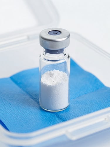 Clinical laboratory photography, macro focus on a sealed glass vial containing white lyophilized peptide powder, sitting in a sterile cold-storage container with blue ice packs, shadowless high-key light, 50mm