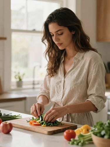 Sophia Vega in a warm sunlit kitchen prepping high-protein meals, hands holding fresh ingredients, natural lighting, shallow depth of field, 35mm