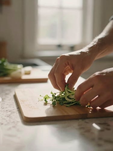 Close-up of hands prepping fresh ingredients on a warm marble kitchen counter, sunlit, shallow depth of field, 35mm