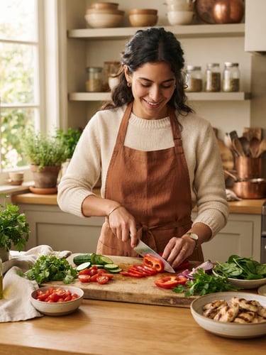 Sophia Vega in a warm-toned, sunlit kitchen preparing a fresh high-protein meal, hands chopping fresh vegetables on a wooden board, soft natural window light, shallow depth of field, 35mm