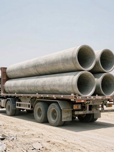 A heavy flatbed truck loaded with large concrete industrial pipes driving through a dusty construction site, harsh midday sun, high-contrast shadows, wide-angle lens.