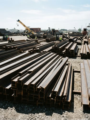 Wide-angle gritty industrial shot of raw structural steel beams stacked in a dry shipping yard, harsh midday sun casting sharp geometric shadows, high-contrast metallic textures, 35mm film