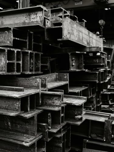 Close-up of raw structural steel beams stacked in an industrial yard, high-contrast shadows, overcast daylight, gritty textures, 35mm film.