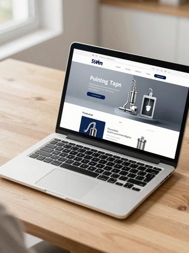 Over-the-shoulder shot of a laptop displaying a modern plumbing website on a clean wooden desk, bright natural daylight, 35mm