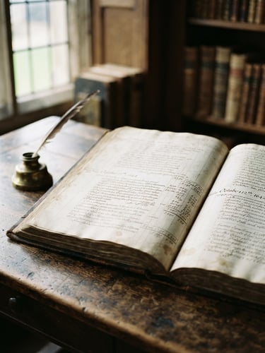 Scholarly editorial photography of a seventeenth-century ledger book open on a dark oak desk, soft diffused library window light illuminating the handwritten ink, shallow depth of field, 35mm.