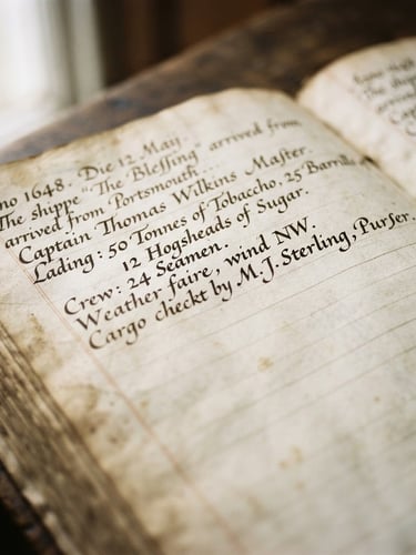 Macro shot of a seventeenth-century hand-written maritime ledger, aged parchment paper, dark ink calligraphy, soft library window light, shallow depth of field.