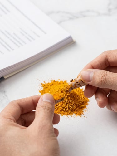 Bright high-key food photography, soft natural daylight, clean white marble background, hands measuring turmeric and cumin spices next to a clinical handbook, 50mm lens
