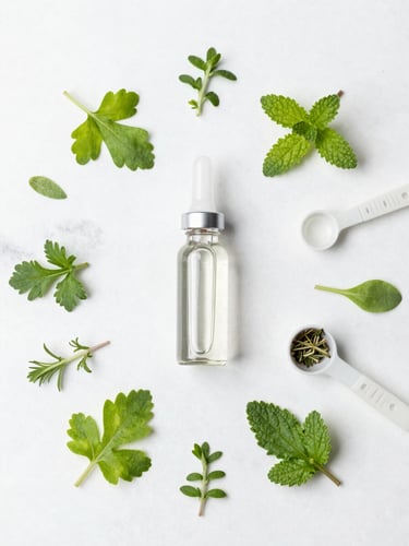 Overhead flat-lay of clean glass vials with herbal extracts, fresh green herbs, and precise measuring spoons on a clean white marble background, bright high-key natural daylight.
