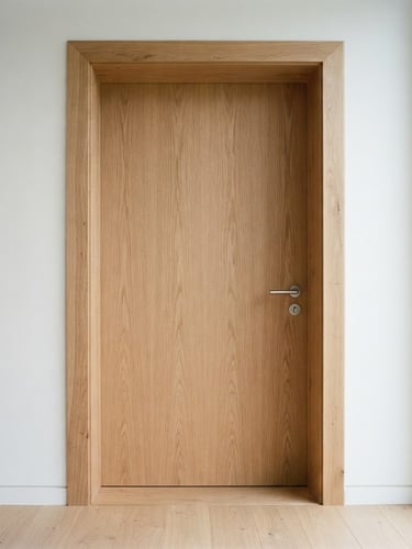A crisp straight-on architectural photograph of a perfectly installed white oak door frame, clean sharp joints, bright natural daylight, realistic construction textures