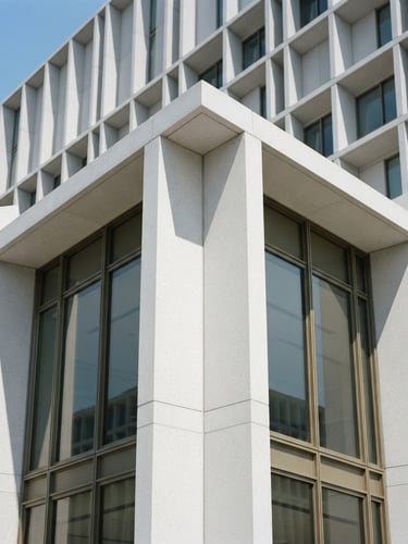 Architectural detail of a modern, minimalist federal building facade in Washington D.C., sharp geometric concrete lines, bright natural daylight, soft shadows, 50mm lens