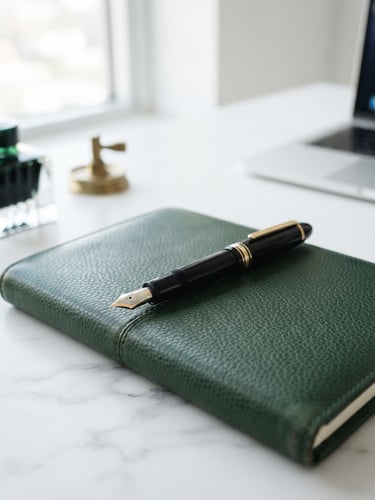 Editorial macro photograph of a high-end executive workspace, a classic fountain pen resting on a leather notebook, bright natural daylight, clean white spaces, muted gold and deep green accents, 50mm lens.