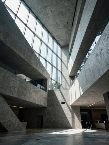 Low-angle architectural shot of a sleek, minimalist convention center lobby in Jakarta, sharp geometric lines, cool concrete surfaces, dramatic sunlight streaming through glass facade