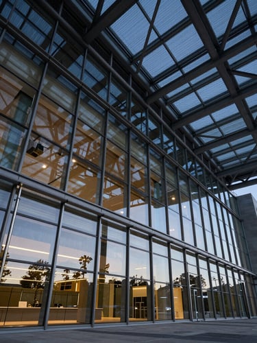 Dramatic low-angle architectural photograph of a modern glass and steel convention center facade at dusk, cool ambient light, sharp geometric reflections