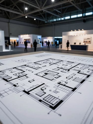A technical blueprint drawing of an exhibition hall floor plan overlaid with sharp lines, contrasting with cool ambient light of a live exhibition setup in Jakarta