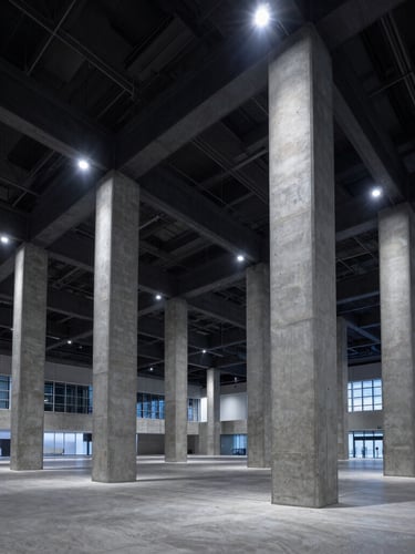 Wide-angle architectural environmental shot of a massive modern convention center interior, sharp concrete columns, dramatic cool-toned spotlighting, crisp industrial composition