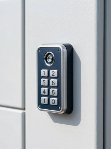 Close-up of a secure electronic keypad lock on a clean metal storage unit door, bright daylight, sharp focus, high-trust corporate-premium aesthetic.