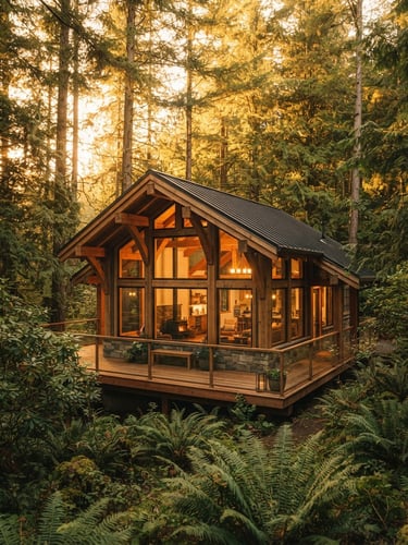 Warm golden-hour forest light filtering through tall pines, a modern timber-frame supportive cabin nestled among ferns, professional architectural photography.