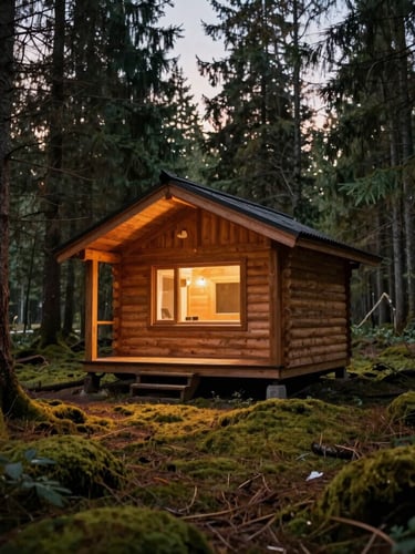A warm, inviting timber cabin with a lit window at dusk, surrounded by mossy forest ground and tall cedar trees, soft overcast light.