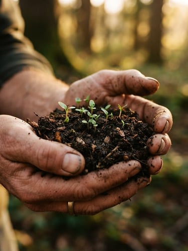 Close-up editorial photography of weathered hands gently cradling rich, dark forest soil with tiny green sprouts, warm golden-hour light, shallow depth of field