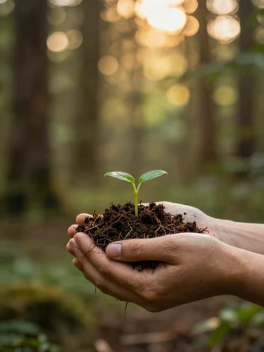 Hands holding rich dark soil with small green sprouts, soft golden-hour forest light, shallow depth of field, warm editorial style