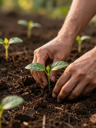 Close-up editorial photograph of hands working in dark, rich compost soil, planting young green saplings, warm golden-hour light, shallow depth of field.