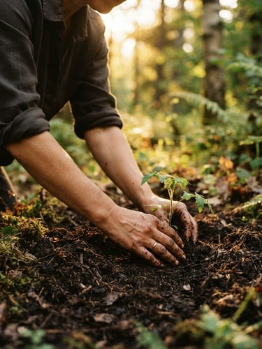 Warm editorial photography of hands working in dark soil, golden-hour forest light filtering through trees, shallow depth of field, rich earth tones.