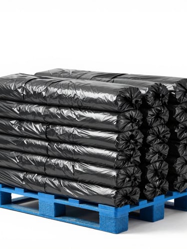 Straight-on product shot of neatly stacked, heavy-duty black garbage bags on a clean warehouse pallet, bright high-key studio lighting, slate-blue accents.