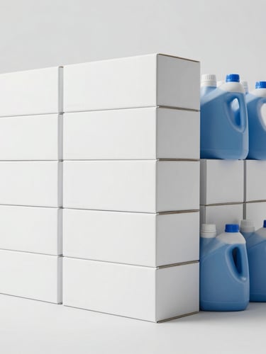 Straight-on product shot of neatly stacked white commercial boxes and uniform blue cleaning liquid containers in a bright, high-key warehouse setting, neutral cool tones.