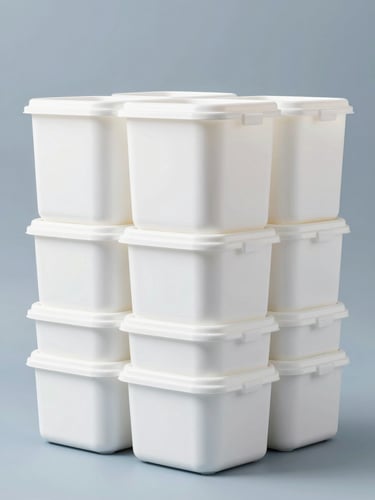 Clean organized stack of commercial cleaning supplies in uniform white containers under bright studio light, neutral blue-slate tone