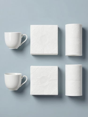 Straight-on clean flat-lay of premium corporate pantry consumables, white tea cups, neatly stacked paper towels, bright office lighting, neutral slate-blue background