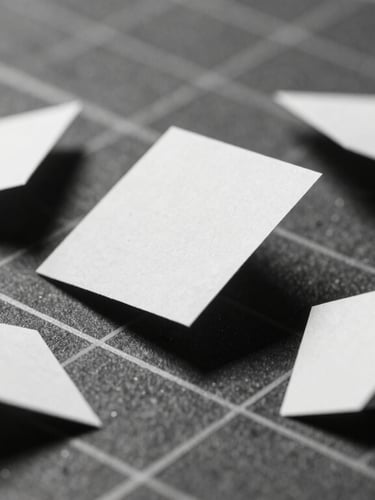 Stark brutalist photography, flat scanner-bed lighting, high-contrast monochrome, sharp macro focus of a physical metal grid with floating geometric paper shapes cast in harsh shadow.