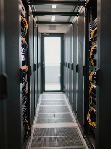Wide environmental shot of a dimly lit server room corridor, a technician's hands visible at a rack panel under warm task lighting, cables organized with deliberate care, soft natural light bleeding in from a glass door at the far end
