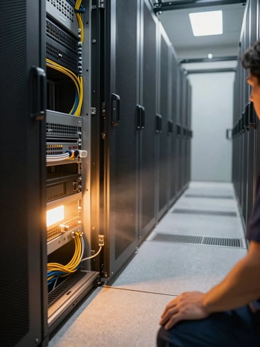 Wide environmental shot looking down a server room aisle, warm amber light spilling from an open rack door to the left, cables bundled neatly, a technician's hand resting on a panel in the foreground, natural dust motes visible in the light beam
