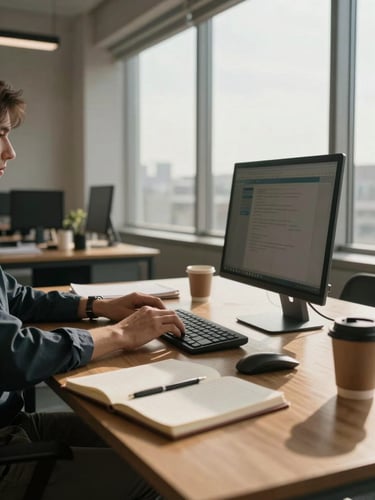 Wide environmental shot from the left side of a quiet office workspace — a person seated at a wooden desk under broad natural window light, hands resting on a keyboard, a coffee cup and open notebook in the foreground, soft afternoon glow casting warm shadows across the desk surface