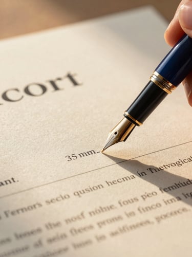 Elegant macro shot of a fountain pen signing a real estate contract on textured cream paper, warm golden-hour sunlight casting long shadows across the document, subtle deep navy and gold tones, professional editorial style, 35mm