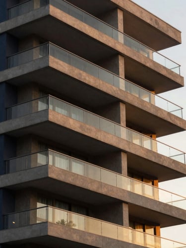Elegant architectural detail of a modern residential building in Brazil, soft golden-hour light reflecting off glass balconies, deep navy and warm gold tones, 35mm photography