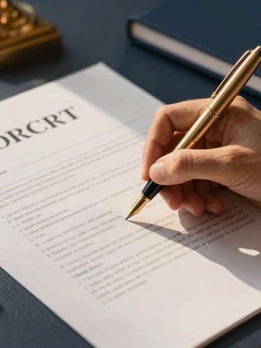 Close-up of signing real estate contracts on textured paper with a gold pen, warm natural daylight, professional workspace, elegant navy and gold accents
