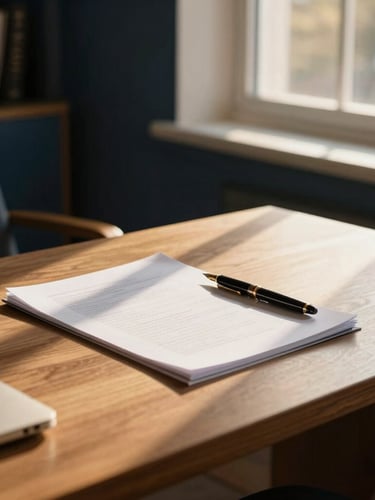 Elegant professional workspace with a clean wooden desk, textured documents, a fountain pen, and soft golden-hour sunlight streaming through a window, warm editorial photography, 35mm