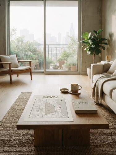 Wide shot of a serene, minimalist residential interior with soft morning light, a discreet map overlay showing a delivery zone in a metropolitan area on a coffee table, elegant serif typography.