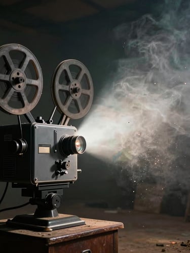 Cinematic wide shot, dramatic chiaroscuro lighting, a beam of light from a vintage film projector cutting through a dark room filled with smoke and dust motes, Kochi.